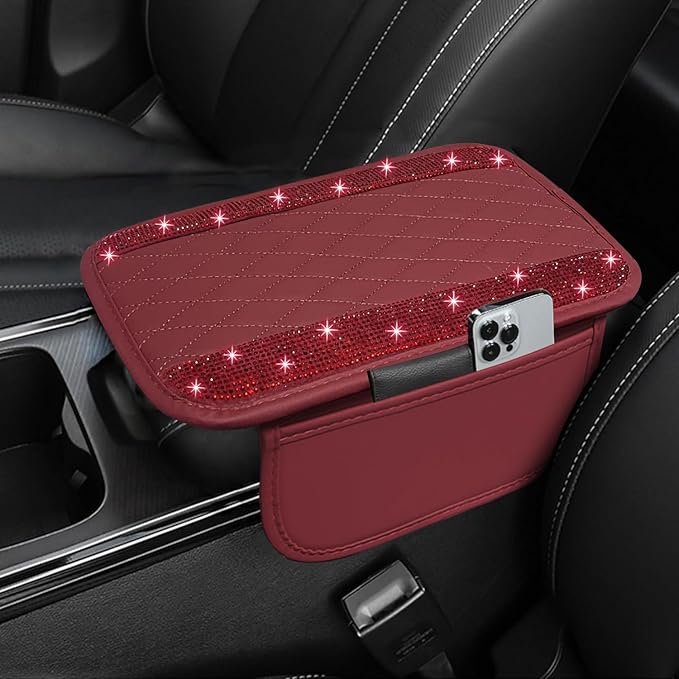 NBTEPEM Bling Burgundy Red Car Center Console Cover, Leather Car Arm Rest Cover with 2 Storage Bags, Universal Auto Armrest Protector Storage Box, Bling Accessories Interior for Most Vehicles