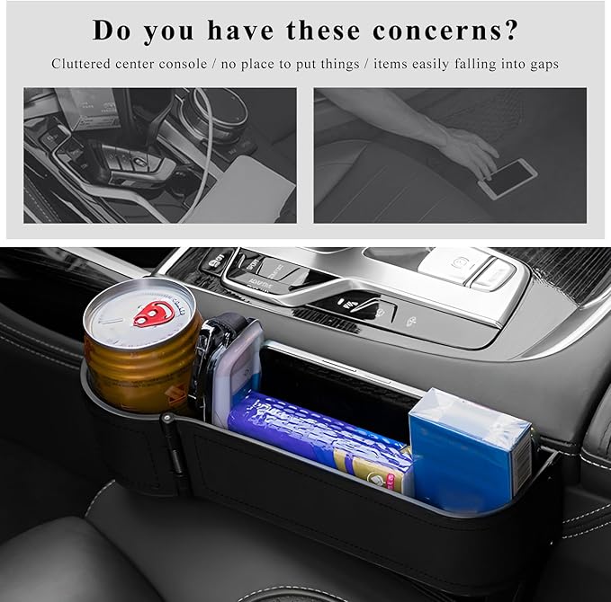 Car Seat Gap Filler Organizer, Auto Leather Seat Organizer with Adjustable Cup Holder, Multifunctional Side Insert Center Console Storage Box for Phone Drink Sunglasses (Black)