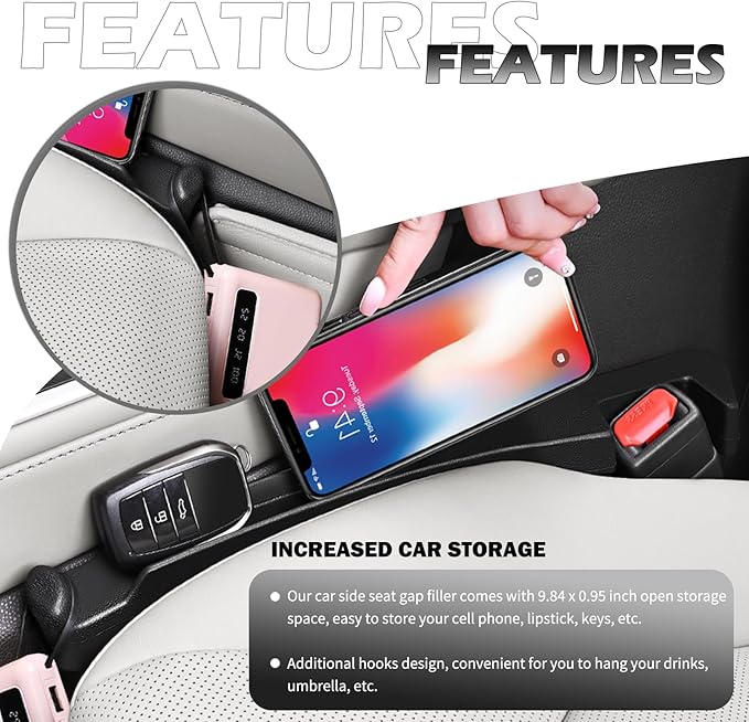 2PCS Car Seat Gap Filler,Upgraded 3 in 1 No Drop Seat Guard for Cars with Hook and Car Phone Holder Design,Universal Cars Seats Spacer Gap Filler for Double-Sided Use