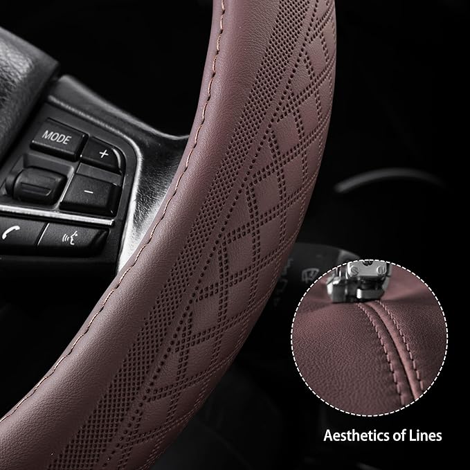 【2025 Model】 Breathable Soft Leather Car Steering Wheel Cover for Men Women, Non-Slip, Comfortable,Universal 15 inches Steering Wheels, Brown