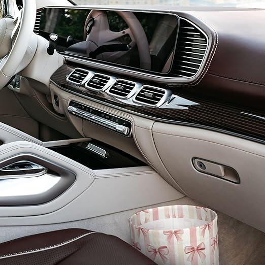 Pink Ribbon Bow Striped Car Trash Can Leak-Proof Waterproof Hanging Trash Bin Collapsible Garbage Can for Car Accessories Travelling Camping