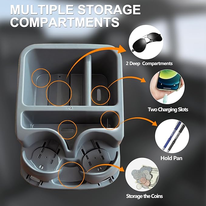 Car Center Console with Adjustable Cup Holders, Universal Center Console Organizer for Truck, Cars, Minivans, Suvs, Truck Floor Console, Bench Seat Center Console (Gray)
