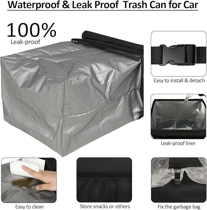ELONGRIVER Car Trash Can Bin for Back Seat Leak Proof, Cute Car Trash Bag Hanging, Vehicle Trash Can for SUV Truck Van, Automotive Garbage Cans Front Seat Black