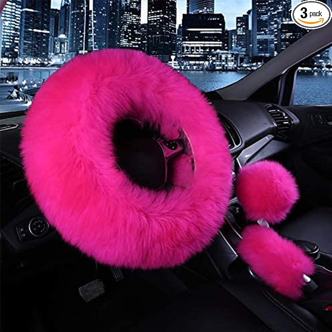 3 Pcs Car Steering Wheel Cover & Handbrake Cover & Gear Shift Cover Set Faux Wool Warm Winter (Rose Red)