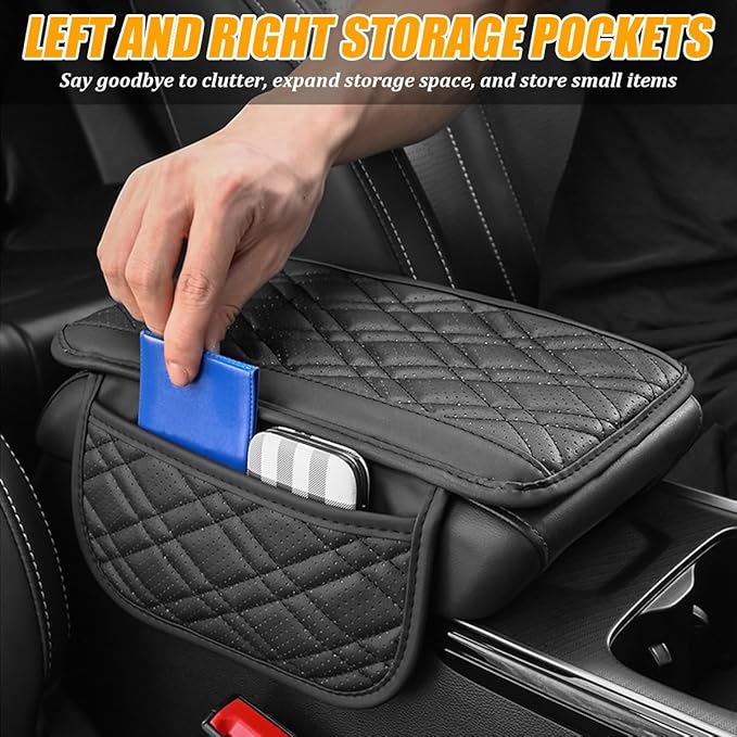 Car Center Console Cover, Leather Vehicle Armrest Cushion Pad with 2 Storage Bags, Comfortbale Automotive Interior Middle Seat Box Protector Accessories, Universal Fit (Beige)
