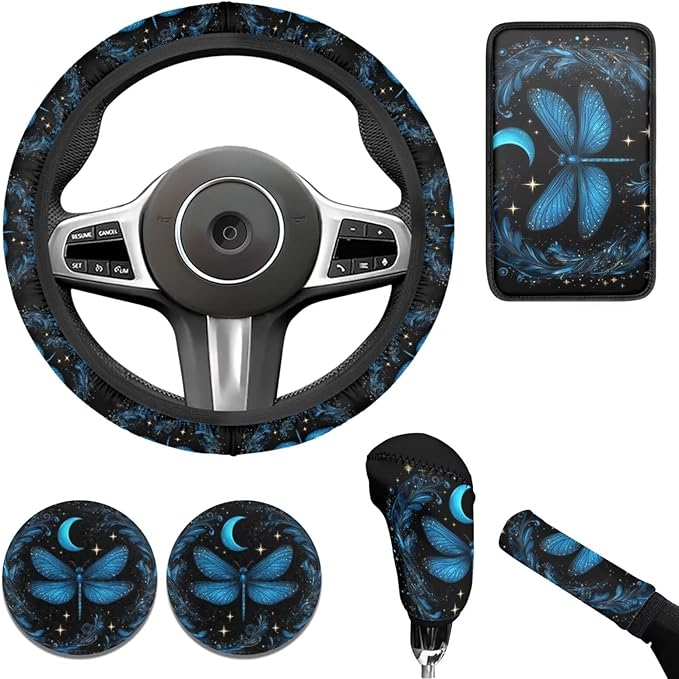 Blue Dragonfly Steering Wheel Cover Men Women 6pcs Funny Car Interior Decor Cup Coaster Handbrake Cover Suit for Most Cars Truck Vans SUV
