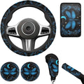 Blue Dragonfly Steering Wheel Cover Men Women 6pcs Funny Car Interior Decor Cup Coaster Handbrake Cover Suit for Most Cars Truck Vans SUV