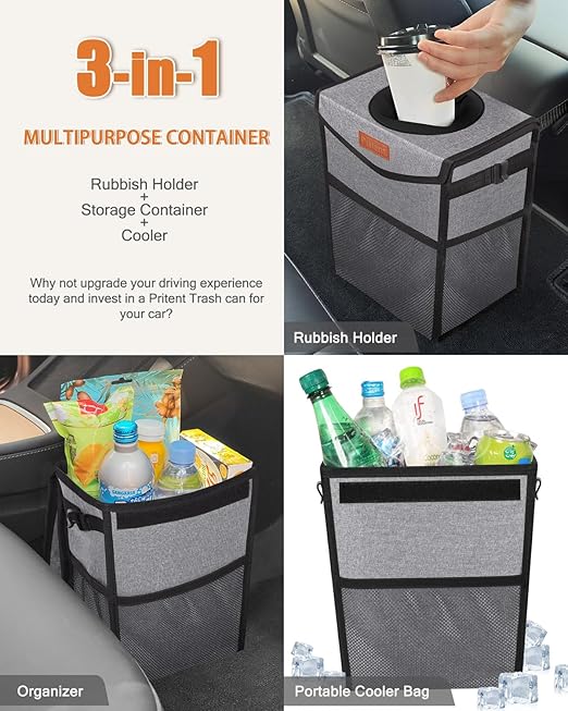 Pritent Car Trash Can with Lid, Cute Leakproof Car Trash Garbage Bag Hanging Vehicle Trash Bin Small Portable Automotive Garbage Cans Organizer for Back/Front Seat/Console(Trapezoid,Grey)