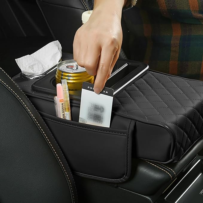 Car Armrest Box Mat, 5-in-1 Center Console Cover Cushion with Cup Holder Tissue Slot, Universal PU Leather Car Box Pad for Sedans Car Accessories Interior Organizers (Multi H08)