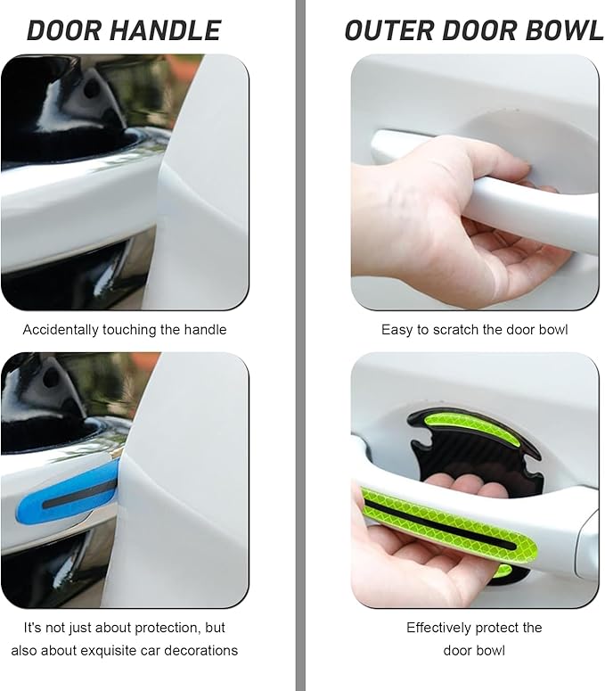 WZP 8PCS Car Door Handle Scratch Protectors, 3D Carbon Fiber Door Handle Scratch Protector Cover, Anti-Scratches Safety Reflective Strips, Universal Car Exterior Accessories for Most Vehicles (Blue)