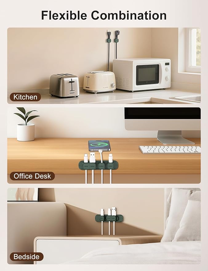 6 Pack Magnetic Cable Clips [1s Open/Lock], Laitver Cord Organizer Holder Strong Adhesive Desk Cable Management- Organize Charging Cords Neatly for Home, Office, Car,Desk, Nightstand-Dark Green