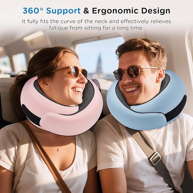 4litamz Travel Neck Pillows, 100% Memory Foam Filling, Travel Pillows for Airplanes, Compact and Ergonomic Design, Best for Sleeping Plane Train Travel Essentials (Light Blue)