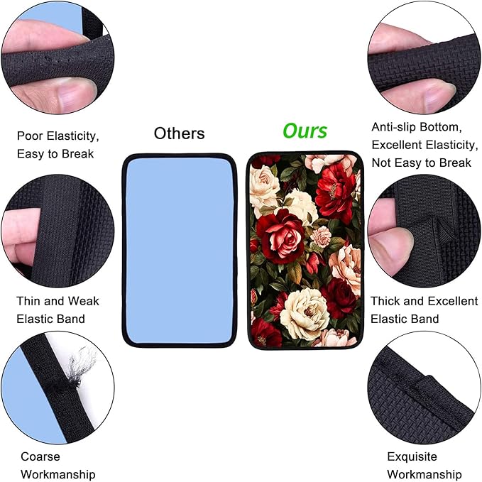 JANENFNA Car Armrest Cover Pads Universal Fashion Cute Auto Center Console Armrest Cover Pad with 2PCS Car Coasters Soft Waterproof Car Armrest Seat Protector for Women,Beautiful Roses Flowers