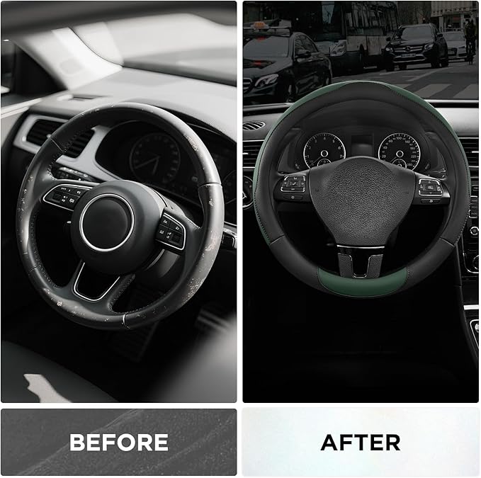 Road Comforts Steering Wheel Cover, Breathable Anti-Slip Leather Steering Wheel Cover, Universal Fit 14.5–15 Inch, Comfortable Grip - Green Color