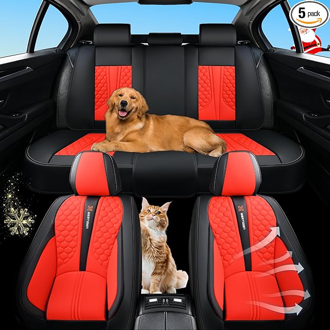 Wertigen Red Car Seat Covers Full Set – Luxury Waterproof Leather Auto Seat Protector with Airbag Compatible Design, Breathable Non-Slip Cushion, Easy Installation, Fits Most Cars