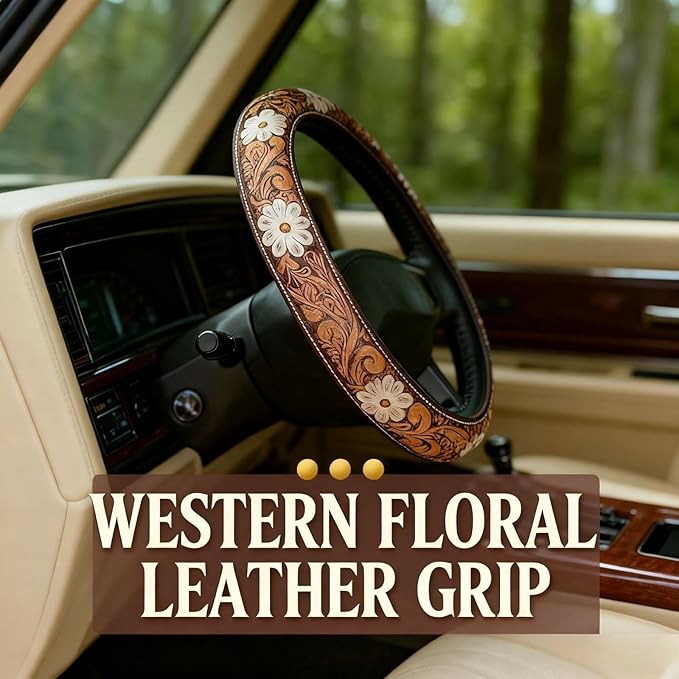 Retro Western Cowboy Car Universal Steering Wheel Cover – Western Steering Wheel Cover for Men & Women - 15 Inch Embossed Leather Anti-Slip Grip–Universal Fit for Truck, SUV, Car (E)