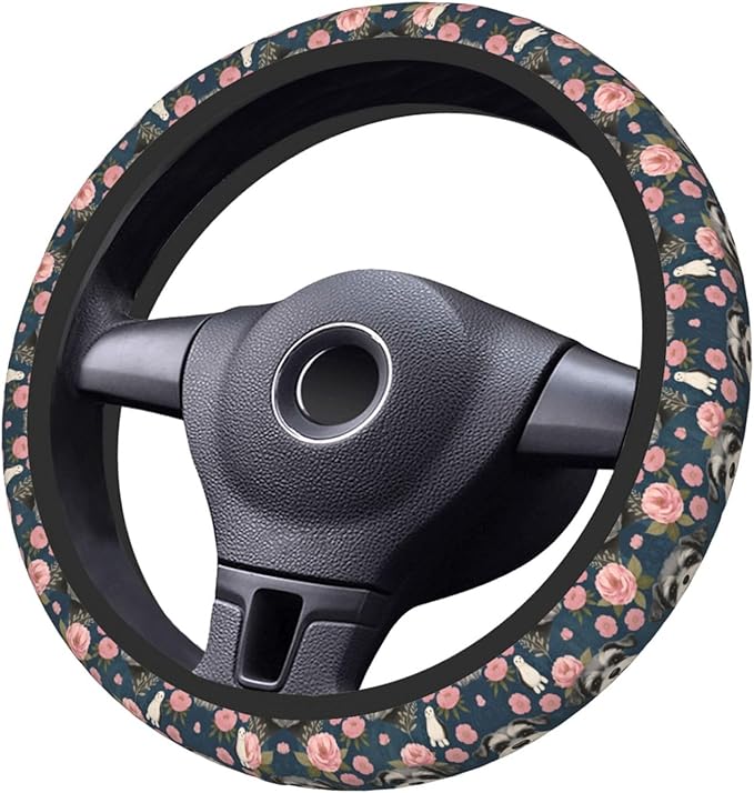 Schnauzer Dog and Vintage Florals Universal Fit Steering Wheel Cover for Car, Truck, and SUV, Durable Steering Wheel Protection