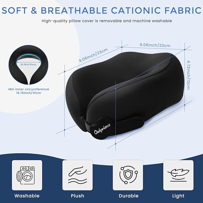 Owlprince Travel Neck Pillow for Airplane, Neck Travel Pillow, Upgraded Soft 100% Pure Memory Foam - Lightweight and Stowable - Ergonomic Design for Long Flights, Car, Train, Office Use