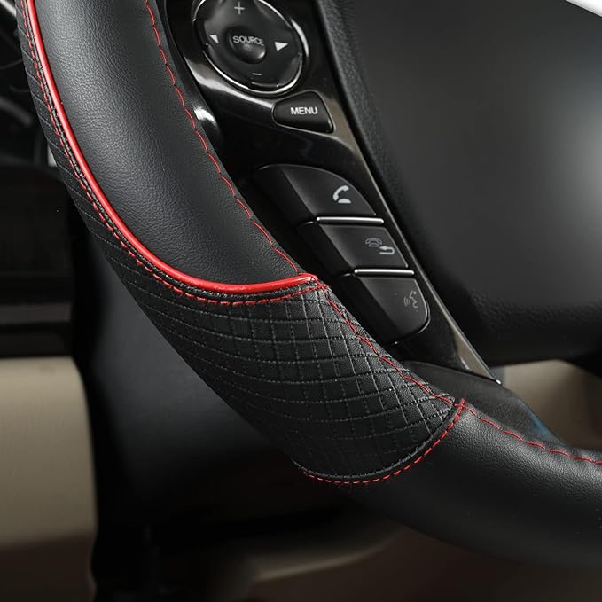 GIANT PANDA Microfiber Leather Steering Wheel Cover for Honda Accord,Civic,CR-V,HR-V,Pilot(Diamond-Pattern-Black+Red Line-Standard Size)