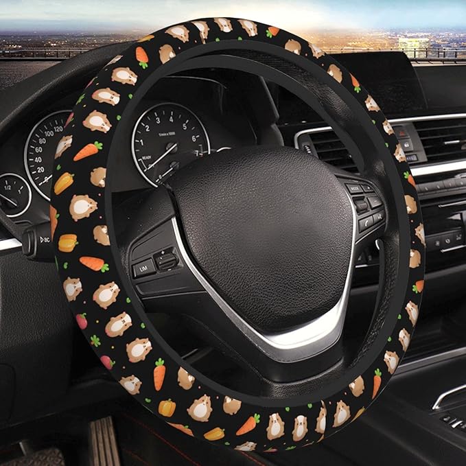 Guinea Pig and Carrots Neoprene Steering Wheel Covers Women Men Car Accessories, Universal 15 Inch Fit Auto, Suvs, Truck