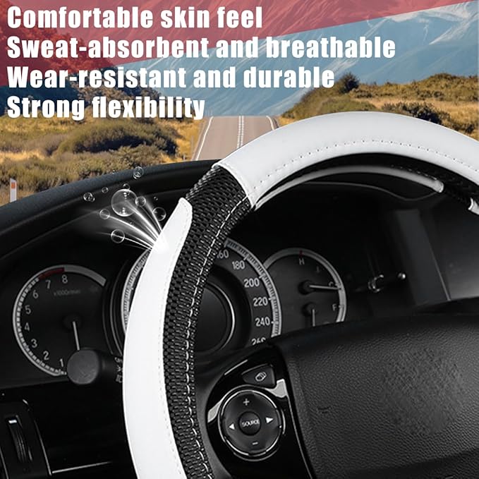 Car Steering Wheel Cover, 14.97 Inch Leather Non-Slip Vehicle Steer Wheel Protector, Soft & Breathable Automotive Interior Protection Accessories, Universal for SUV Sedan Truck (Black/White)