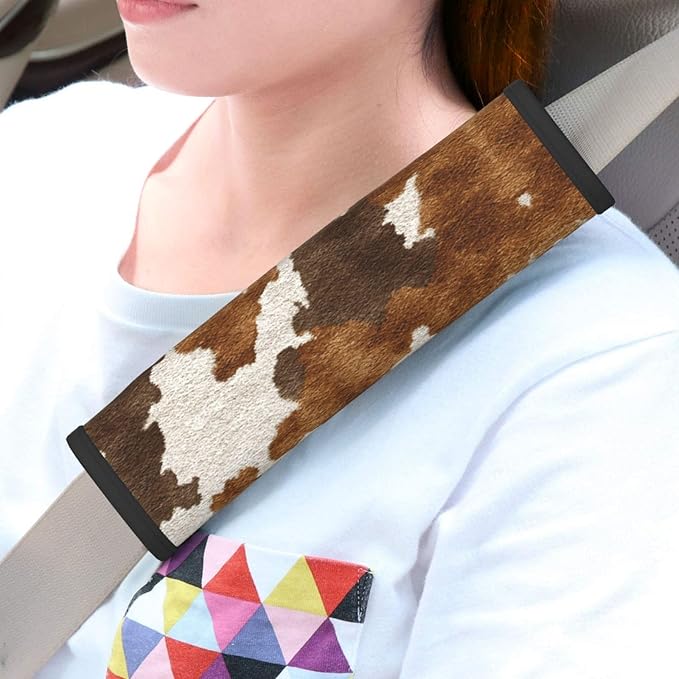 Western Cow Print Steering Wheel Cover Elastic Non-Slip Car Steering Wheel Covers with Seat Belt Shoulder Pad for Women Men