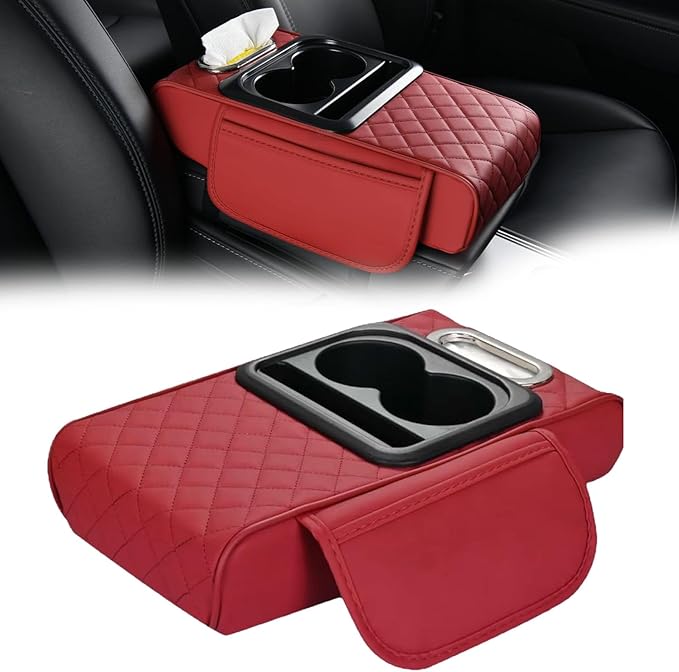 Multifunctional PU Leather Car Armrest Box Mat Organizer with Cup Holders, Universal 5-in-1 Car Armrest Storage Box Mat with Central Elbow for Most Cars (Red)