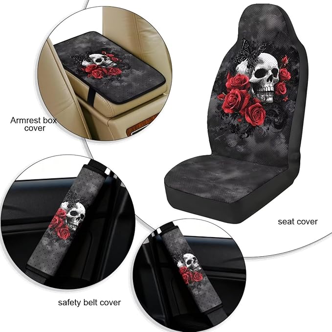 Oramclsy Skull PU Breathable Car Seat Accessories Set Rose Pattern Universal Set and Armrest Pad and Seat Belt Pads Full Set of 5 Pack
