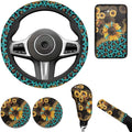 Sunflower Print Car Steering Wheel Cover Set for Men Women Leopard Print Auto Accessories 6 Pcs Sets Car Armrest Cover Handbrake Cover Suit for Most Cars Truck Vans SUV