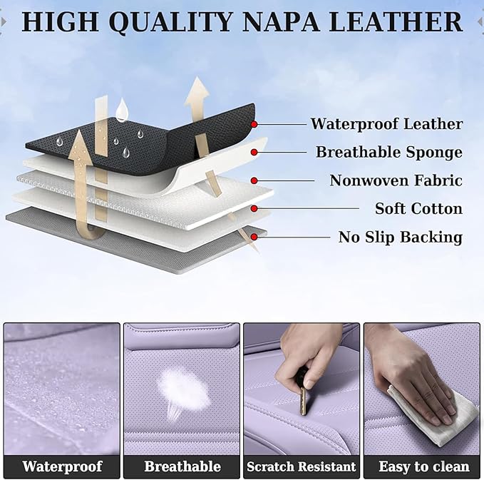 Coverado Car Seat Covers Full Set, Seat Covers for Cars, Car Seat Protector Waterproof, Leather Cushion, Universal Car Interior Covers Seat Protectors for Most Cars Purple