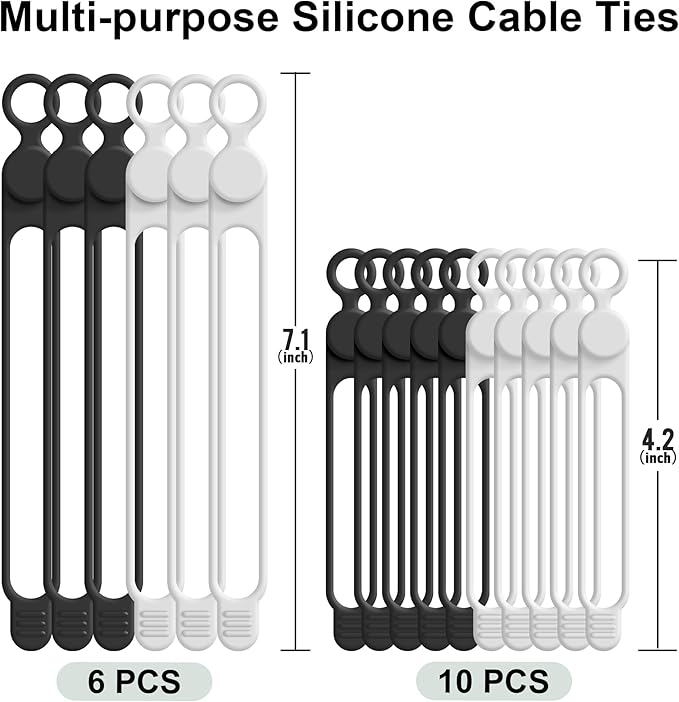 Nearockle Silicone Cable Ties Cord Organizer Cable Management, 16Pcs 4.2" and 7.1" Reusable Cable Organizer Electronic Accessories for Home, Office, Kitchen, School, Travel(Black&White)