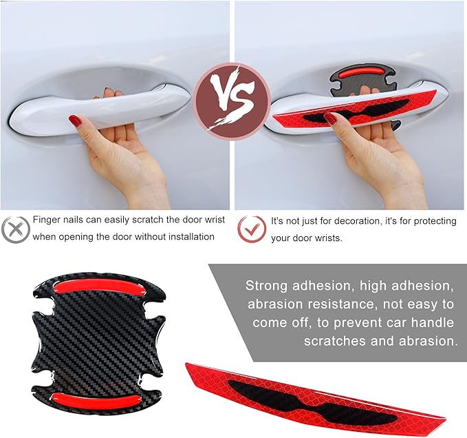 8PCS Car Door Handle Scratch Protector, 3D Carbon Fiber Car Door Handle Reflective Sticker Protective Film, Universal Auto Door Handle Scratch Paint Guard Night Visible Strip (Red)