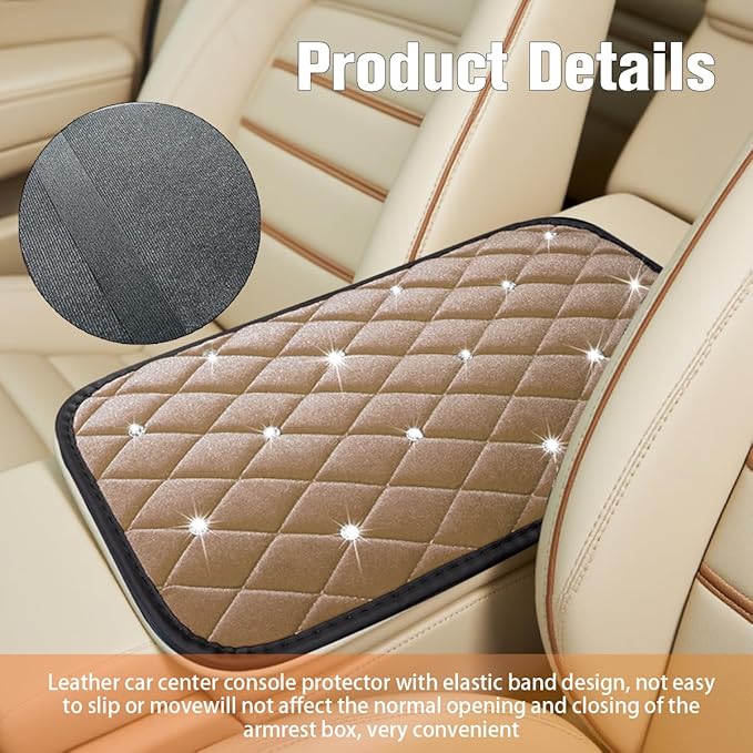 HZEL Bling Car Center Console Cover, Crystal Rhinestone Velvet Soft Vehicle Seat Armrest Box Protector Cushion, Comfortable Diamond Auto Arm Rest Mat Pad, Universal for Truck SUV Sedan (Beige)