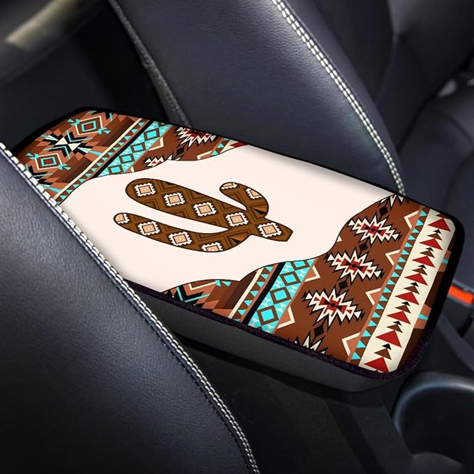 Vehicle Center Console Armrest Cover Pad, Universal Fit Soft Comfort Center Console Armrest Cushion for Car, Aztec Cactus