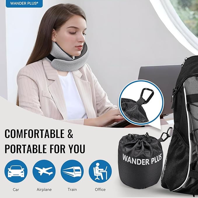 WANDER PLUS® Travel Neck Pillow, Pure Memory Foam Neck Pillow for Airplanes, Comfortable Breathable Cover, 360 Degree Support Ergonomic Design Best for Sleeping Plane Train Travel Essentials Max Grey