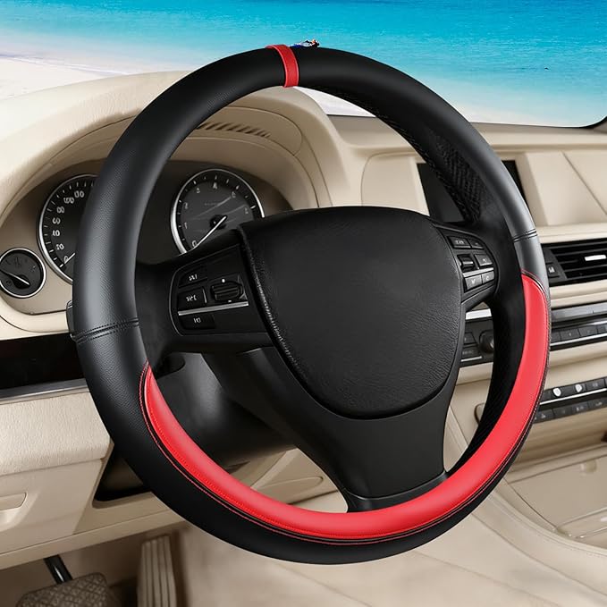 Black Red Car Steering Wheel Cover, Nappa Leather, Bottom Color Blocking, Universal 14.5-15 Inch Leather Anti-Slip Breathable Auto Steering Wheel Covers for Men Women