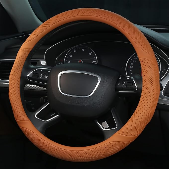 ALEMODR Cayenne Orange Leather Steering Wheel Cover Universal 15 inch