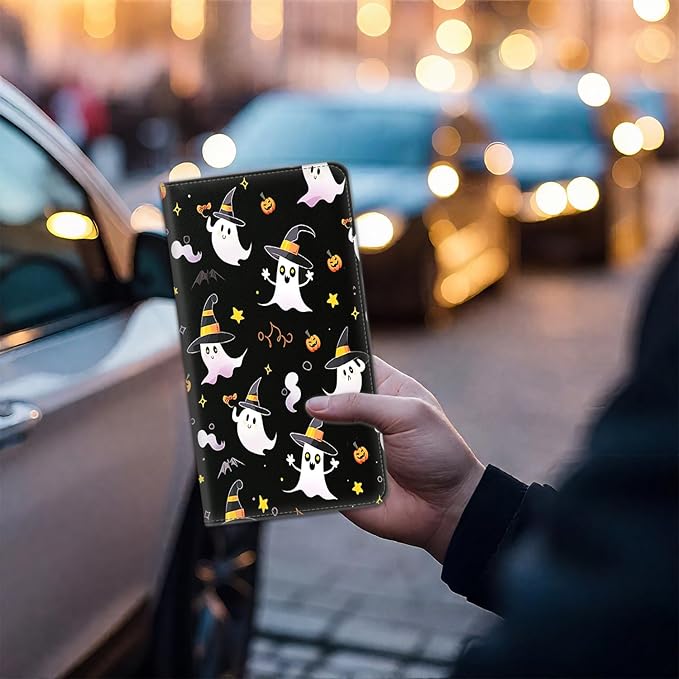 Car Registration Holder, Waterproof PU Leather Vehicle Card Document Glove Box Organizer, Women Interior Auto Accessories Case for Cards, Driver License Car Insurance Holder, Halloween Spooky Pumpkin