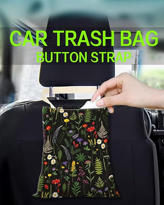ANKVRP Car Trash Can, Durable Hanging Car Trash Garbage Bag, Cute Automotive Garbage Cans Organizer, Cute Boho Black Flowers