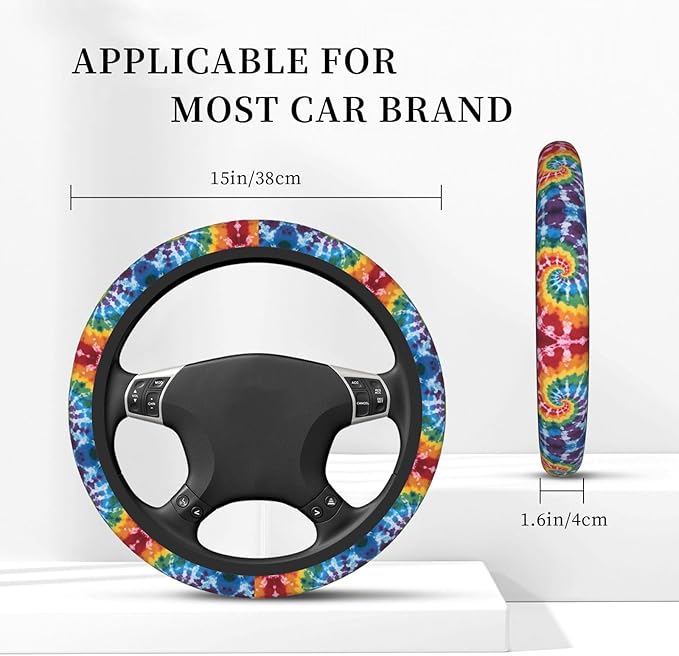 Tie Dye Print Car Steering Wheel Cover, 15 Inch Steering Wheel Cover Stylish Decor for Most Cars