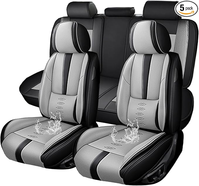Premium Universal Car Seat Cover, Comfortable Leather Seat Cover for 96% of Models, Waterproof Car Seats Protectors Cushions for 5 Seats(Black+Grey)