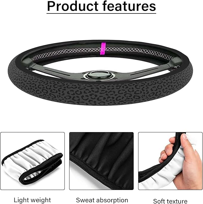 Leopard Print Steering Wheel Cover for Women Men, Anti-Slip Breathable Cute Steering Wheel Protector, Car Accessories Interior, Universal 14" 02/2-15" Fit Auto, Suvs