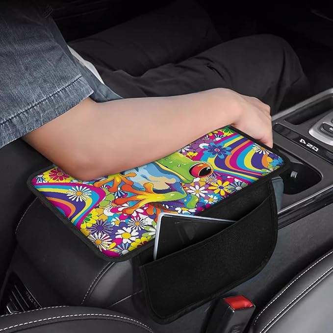 CLOHOMIN Funny Frog Armrest Cover for Car Truck Sedan Hippie Floral Auto Center Console Cover Anti-Scratch Car Center Console Armrest Cushion Accessory with 2 Storage Bags
