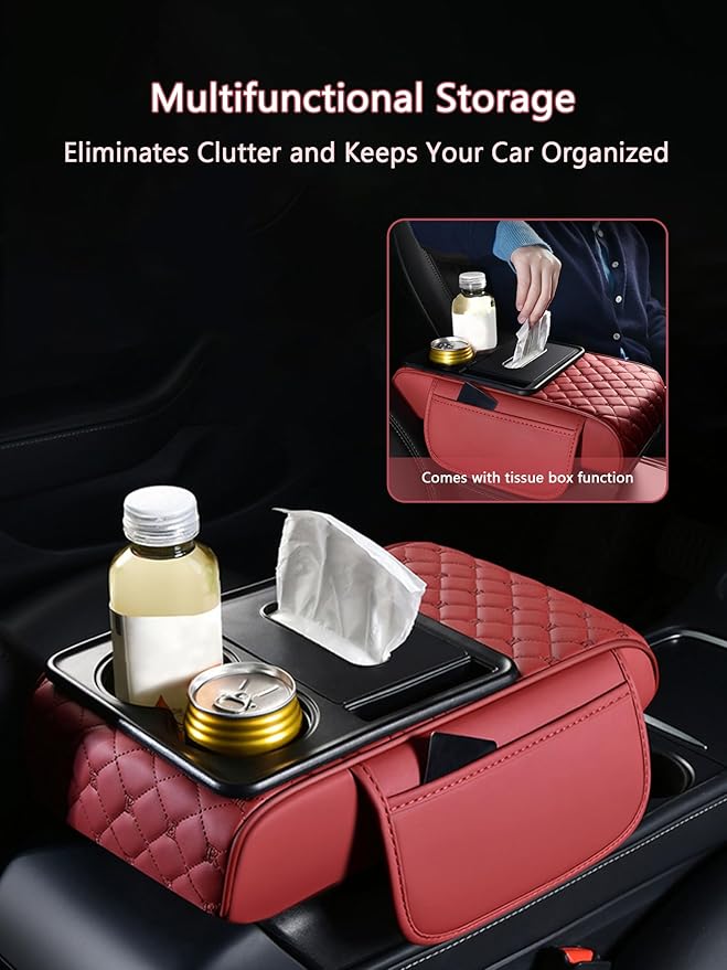Car Center Console Cover for Lucid Gravity – 5-in-1 Leather Armrest Cushion Pad with 2 Storage Bags, Holds Cups, Phone, Tissues, Car Interior Accessory,B Brown