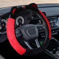 Car Steering Wheel Cover, 15 Inch Fluffy Soft Plush Auto Protector, Anti-Slip Elastic Lovely Car Cover Accessories with Kitty Cat Ears Universal for Most Vehicles (Fluffy-Black+Red)