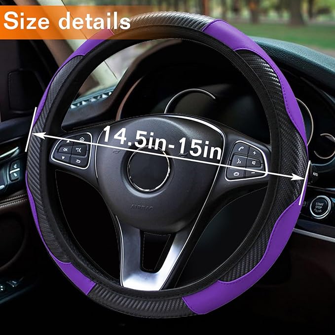 Car Steering Wheel Cover, 15 inch Carbon Fiber Microfiber PU Leather Elastic Steering Wheel Protector for Unisex, Anti-Slip Breathable Car Interior Accessories for Most Cars (Purple)