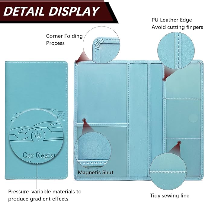 Peisicne Car Registration and Insurance Card Holder for Women Men, Blue Glove Box Paperwork Organizer with Magnetic Buckle for Easy Access and Protect Documents and Various Cards in Vehicle