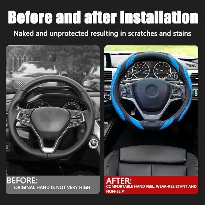 15 Inch Car Leather Steering Wheel Cover, Automotive Accessories Elastic Breathable Anti-Slip Soft Wheel Protector Fits Men and Women, Suitable for SUVs, Trucks, Vehicles and RVs (Blue)