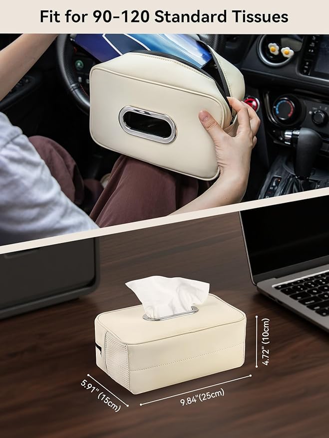 Multi-Functional Car Tissue Holder with ‌2 Storage Nets, Upgraded PU Leather Tissue Box Cover, Large Rectangle Napkin Organizer, Fit for 100-150 Regular Size Tissues, Keep Car Tidy, Beige