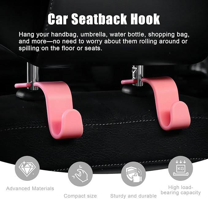 4 PCS Car Headrest Hooks - 360 Rotatable Auto Back Seat Storage Organizer, Universal Vehicle Car Organization Hangers for Purses, Bags, Cloths & Water Bottles Hook Seat Accessories, Pink